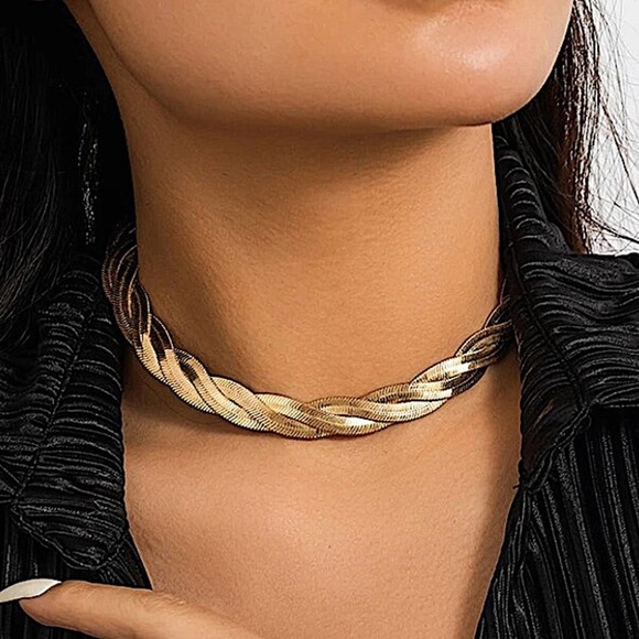 Gold Twisted Herringbone Choker, Necklace Thick, Statement - Picture 2 of 4